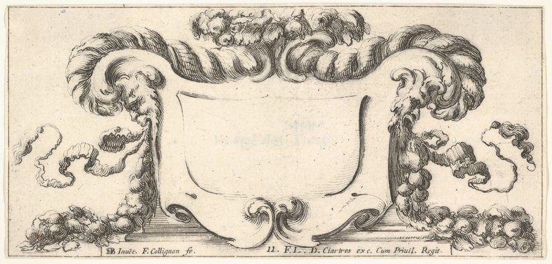 Plate 11: a cartouche with fruits, flowers, and leaves at top, a mask of a faun in ..., ca. 1640-45. Creator: Francois Collignon.
