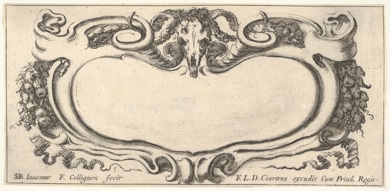 Plate 6: a cartouche with a ram skull at top center, grapes and other fruits to eit..., ca. 1640-45. Creator: Francois Collignon.