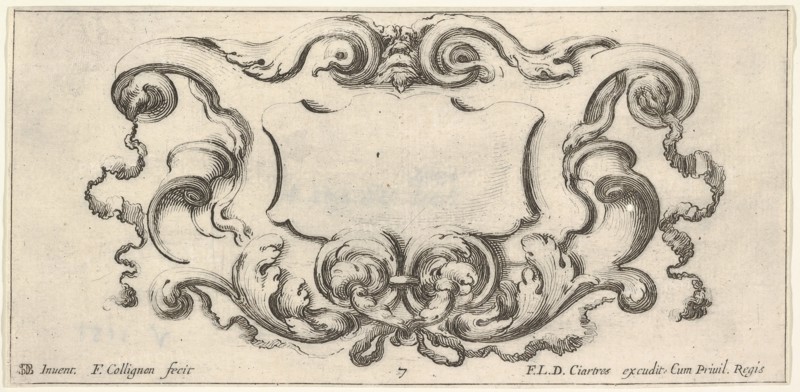 Plate 7: a cartouche with the mask of an ogre at top center, scrollwork to either s..., ca. 1640-45. Creator: Francois Collignon.