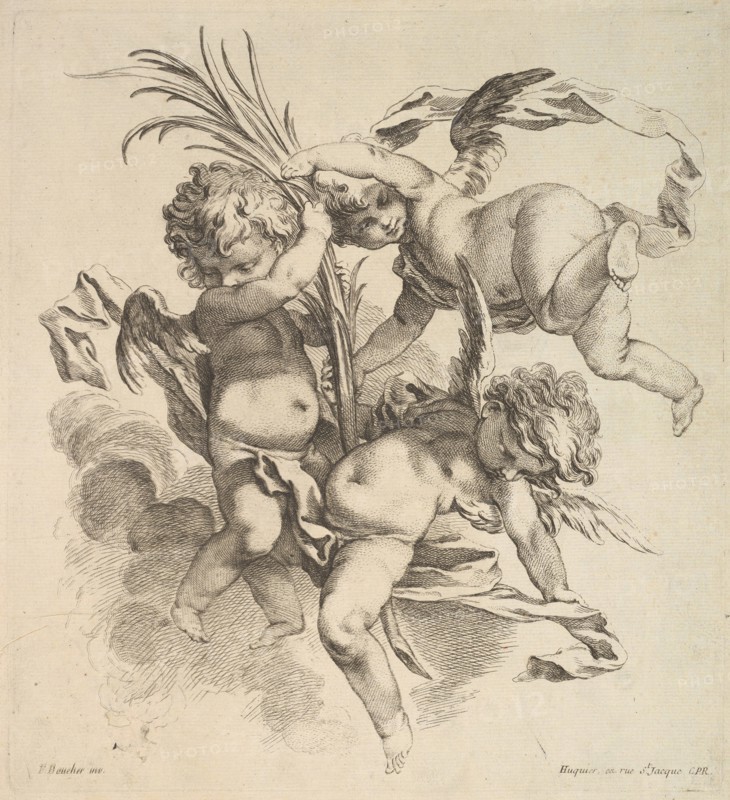 Three Children Among Clouds Near a Palm Leaf, 1738-45. Creator: Gabriel Huquier.