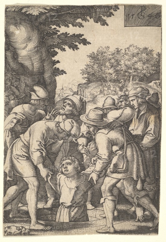Joseph lowered into a well by his brothers, from the series 'The Story of Joseph', 1546. Creator: Georg Pencz.
