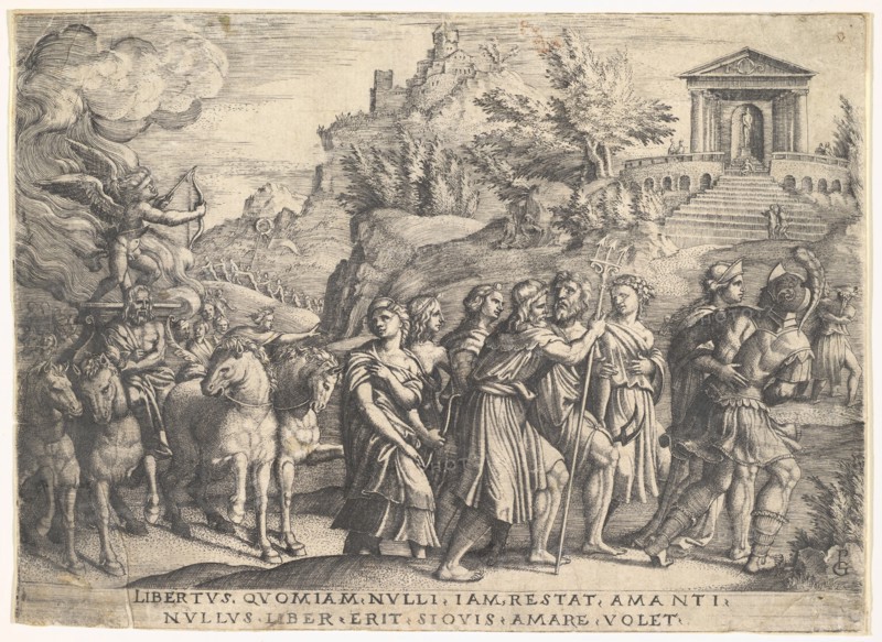 Triumph of Love: four horses draw a carriage with Cupid standing upon a smoking platfo..., ca. 1539. Creator: Georg Pencz.