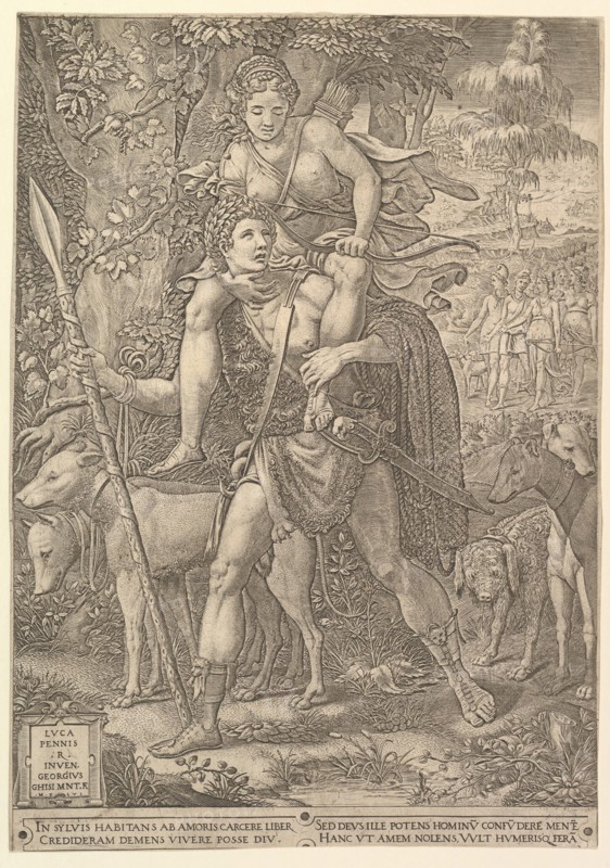 Allegory of the Hunt; a hunter holding a large spear carrying a woman