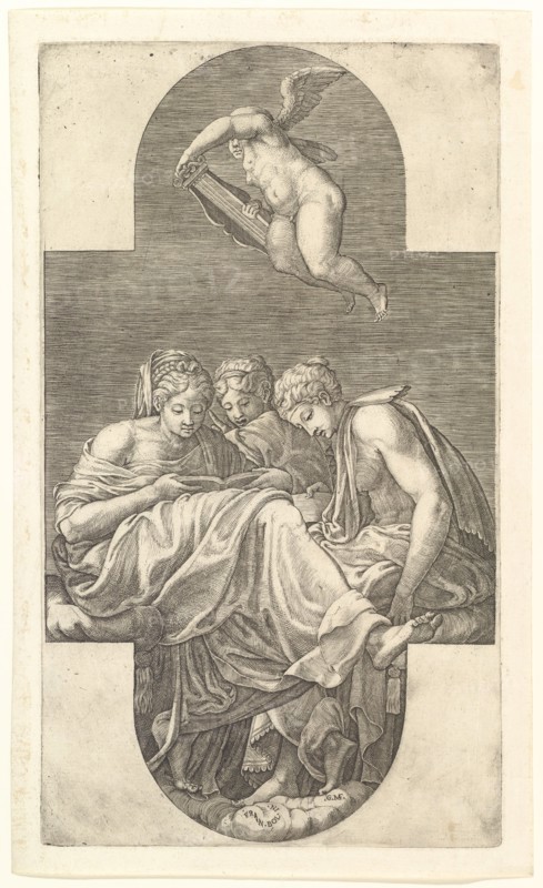 Three Muses and a Putto with a Lyre, a cruciform composition, from a series of eight comp..., 1560s. Creator: Giorgio Ghisi.