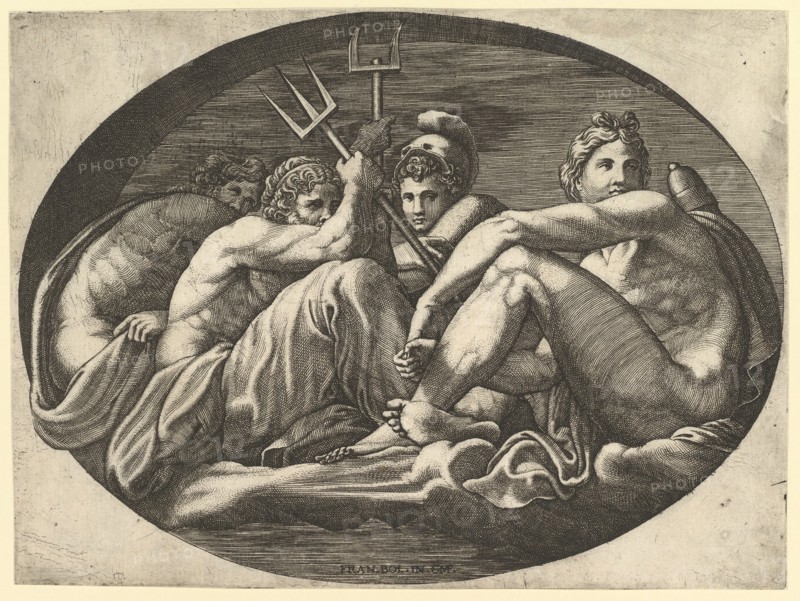 Pluto, Neptune, Minerva and Apollo, from a series of eight compositions after Francesco P..., 1560s. Creator: Giorgio Ghisi.