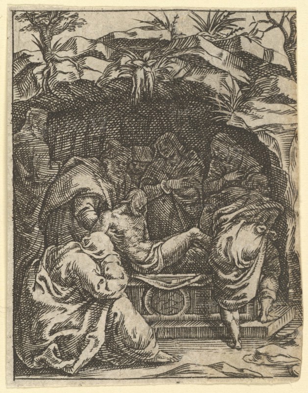 The Virgin of Sorrows: The Entombment; one of nine surrounding compartments from the Vi..., by 1575. Creator: Giorgio Ghisi.