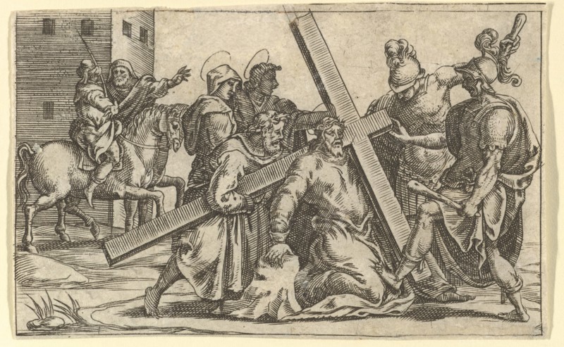 The Virgin of Sorrows: Christ Bearing the Cross; one of nine surrounding compartments f..., by 1575. Creator: Giorgio Ghisi.