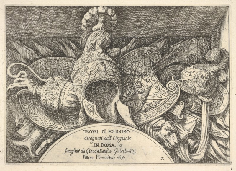 Plate 5: trophies of Roman arms from decorations above the windows on the second floor of ..., 1658. Creator: Giovanni Battista Galestruzzi.