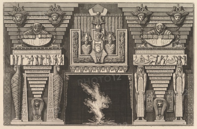 Chimneypiece in the Egyptian style: Two mummies in profile on the left and two figures..., ca. 1769. Creator: Giovanni Battista Piranesi.