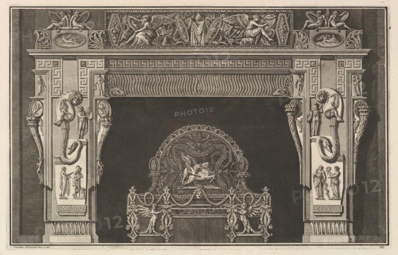 Chimneypiece: Frieze of trophies and winged Victories on the lintel, with cornucopias ..., ca. 1769. Creator: Giovanni Battista Piranesi.