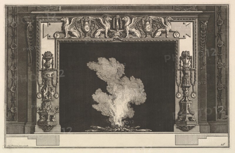 Chimneypiece: Affronted griffons on the lintel and candelabra on the jambs