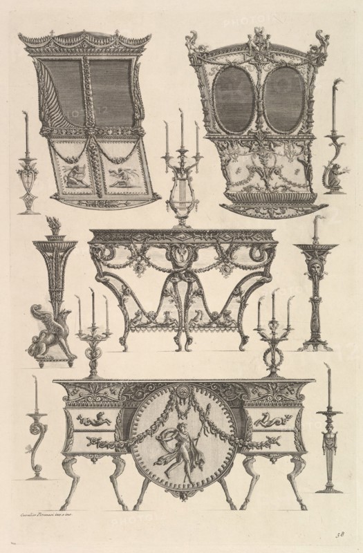 Miscellaneous furniture including two sedan chairs, a side table and a commode