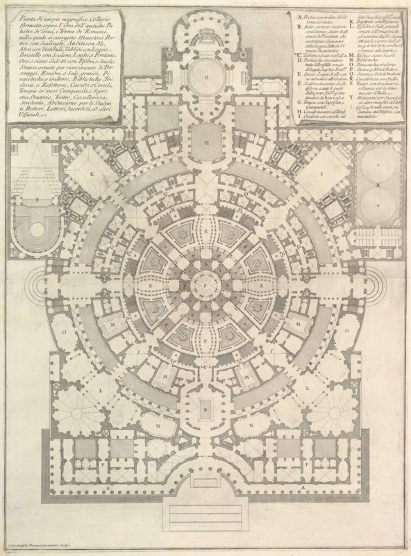 Plan of a spacious and magnificent College designed after the ancient gymnasia of the Gree..., 1750. Creator: Giovanni Battista Piranesi.