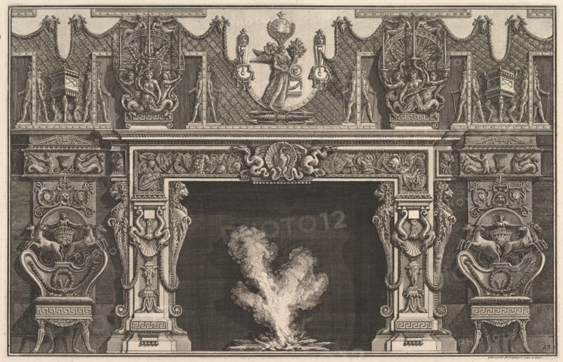 Bird in shell at the center of the lintel, with a frieze of trophies, surmounted by an..., 1769