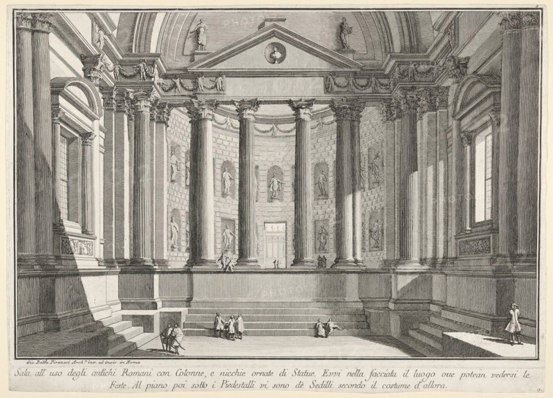 Plate 9: 'Colonnaded hall according to the custom of the ancient Romans, and niches adorne..., 1743. Creator: Giovanni Battista Piranesi.