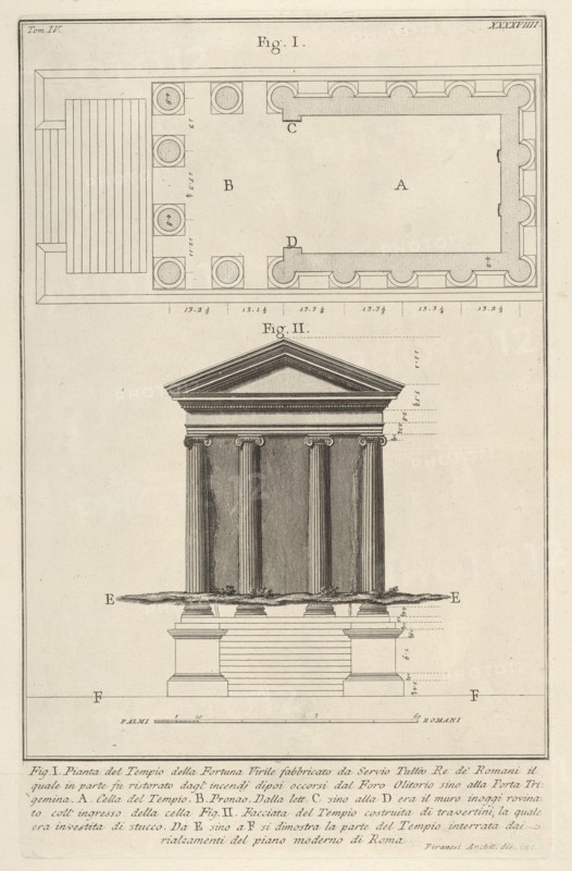 Plan and facade of the Temple of Fortuna Virilis