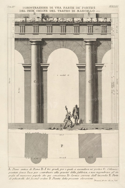 Partial elevation and plan of the first-order portico at the Theater of Marcellus