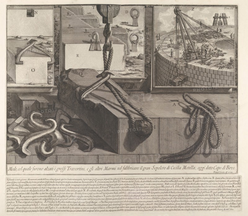 Demonstration panel showing technique for raising travertine and marble blocks for the con..., 1756. Creator: Giovanni Battista Piranesi.