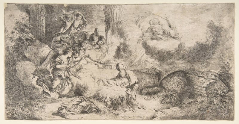 The Virgin and Child, God the father upper right, angels at left, ca. 1647-50. Creator: Giovanni Benedetto Castiglione.