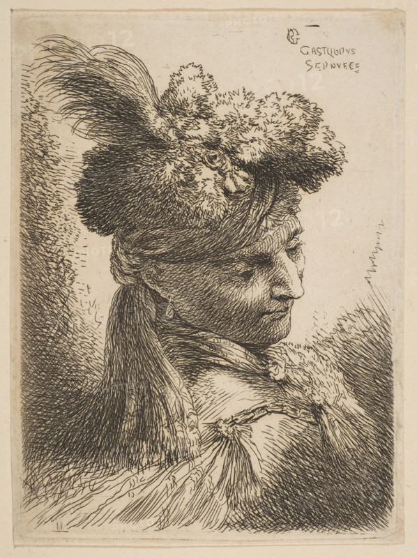 Young man facing three quaters right wearing a fur headdress with a plume, jewel an..., ca. 1645-50. Creator: Giovanni Benedetto Castiglione.