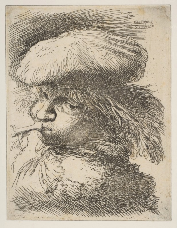 Young man with a trumpet facing left, from the series of 'Small Heads in Oriental..., ca. 1645-1650. Creator: Giovanni Benedetto Castiglione.