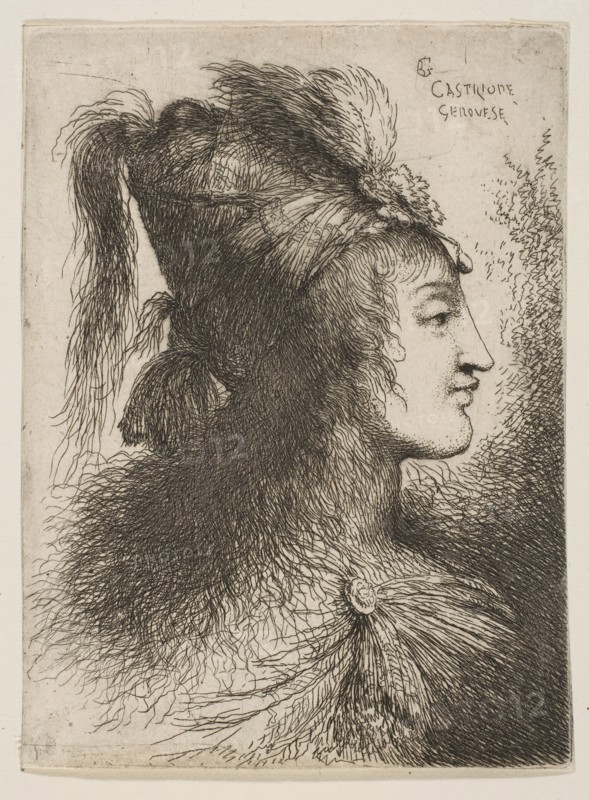 Young man wearing a plumed turban, facing right, from the series of 'Small Heads ..., ca. 1645-1650. Creator: Giovanni Benedetto Castiglione.