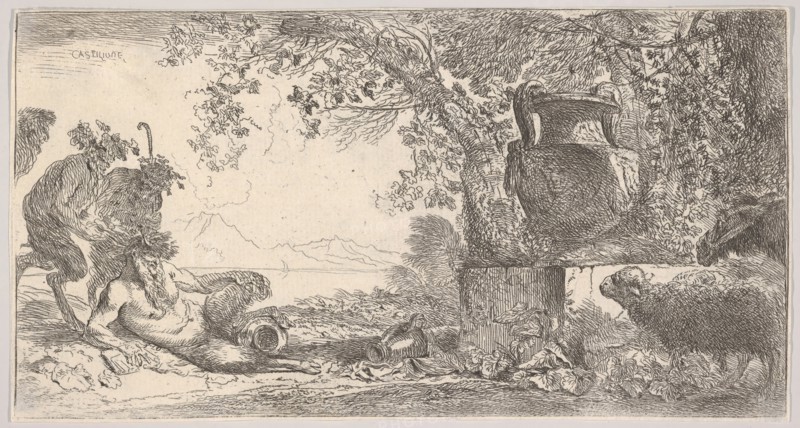 Pan reclining at left with two standing satyrs, a large vase on a pedestal at right, ca. 1645. Creator: Giovanni Benedetto Castiglione.