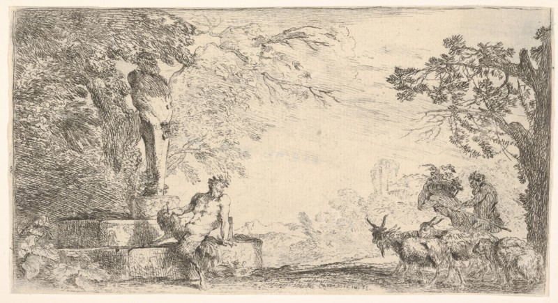 A satyr reclining at the foot of a staute of Priapus, goats at the right, ca. 1645-48. Creator: Giovanni Benedetto Castiglione.
