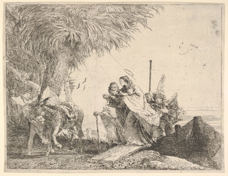 Mary, helped by Joseph and an angel, stepping from a boat to the shore, an angel steadies ..., 1753. Creator: David Giovanni.