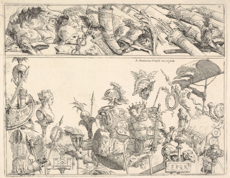 Roman arms, standards, and trophies, a composition divided into two horizontal bands, 1774. Creator: Giovanni Battista Tiepolo.