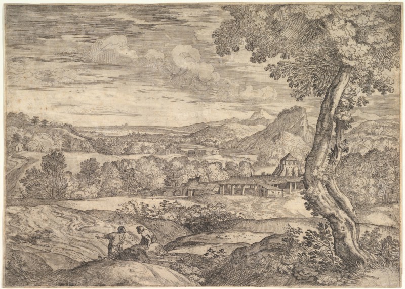 Landscape with a brick factory in the middle ground, a standing man in the foreground p..., 1626-80. Creator: Giovanni Francesco Grimaldi.