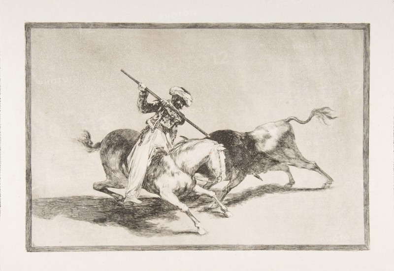 Plate 5 from 'The Tauromaquia': The spirited Moor Gazul is the first to spear bulls accord..., 1816. Creator: Francisco Goya.