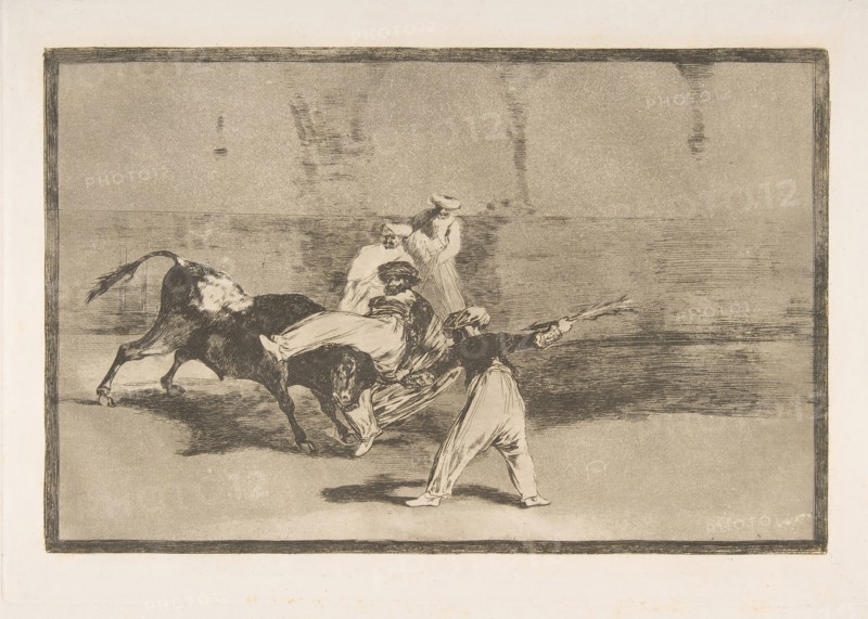 Plate 8 from the 'Tauromaquia':A Moor Caught by the Bull in the ring., 1816. Creator: Francisco Goya.