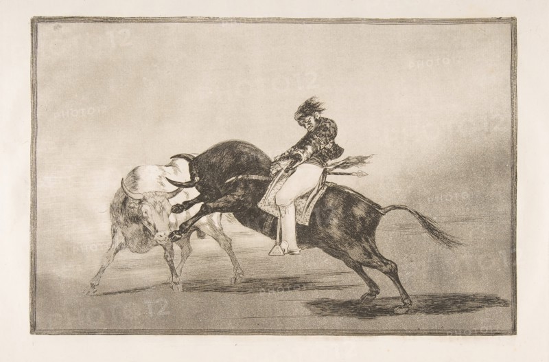 Plate 24 of the 'Tauromaquia': The same Ceballos mounted on another bull breaks short spea..., 1816. Creator: Francisco Goya.