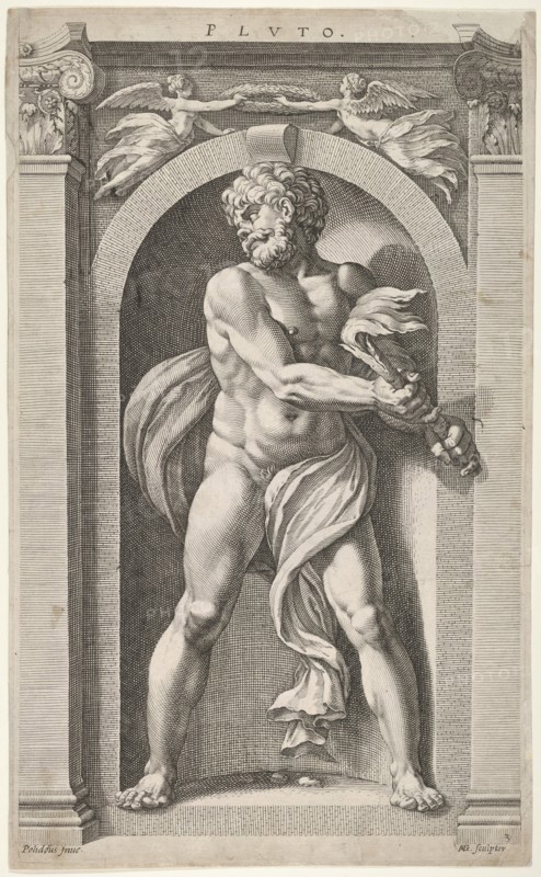 Pluto; on verso sketches of a figure, four heads, and a column, 1592. Creator: Hendrik Goltzius.