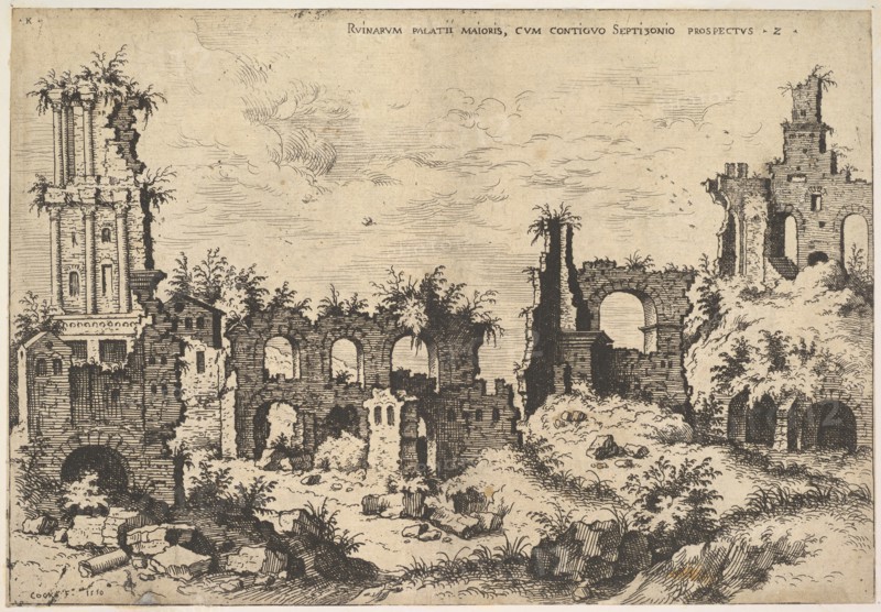 View of ruins on the Palatine Hill with trabeated facade at left and arcades at center, fr..., 1550. Creator: Hieronymus Cock.