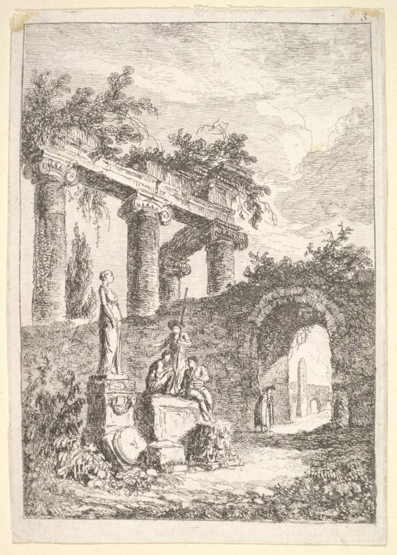 Plate 3: The Statue Before the Ruins: a statue to left next to three figures on a p..., ca. 1763-64. Creator: Hubert Robert.