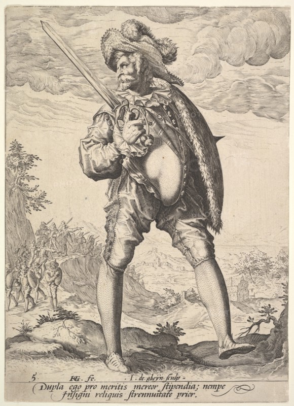 Soldier, Armed with Broadsword and Shield, from Officers and Soldiers, 1587. Creator: Jacques de Gheyn II.