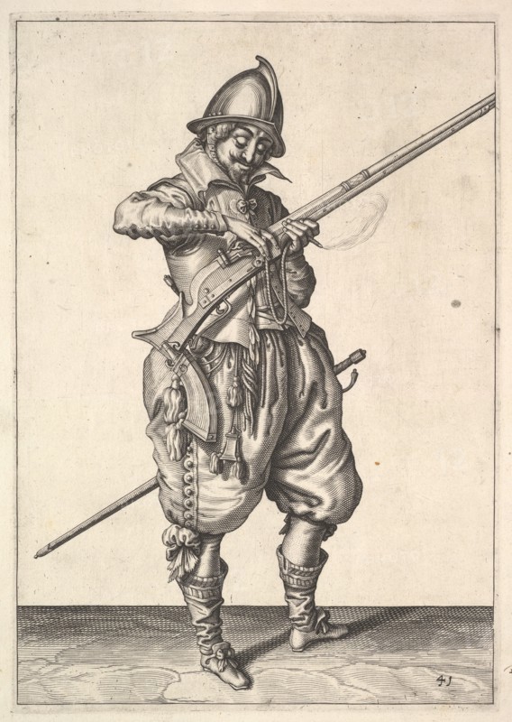 A soldier on guard shaping the match between his thumb and his forefinger, from the Marksmen s.... Creator: Unknown.