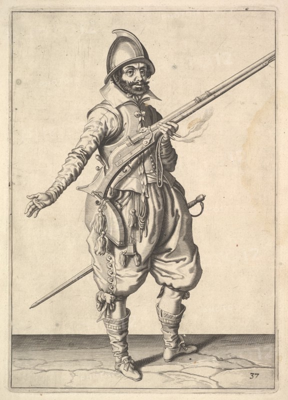A soldier on guard freeing his right hand, from the Marksmen series, plate 37, in Wapenhandeli.... Creator: Unknown.