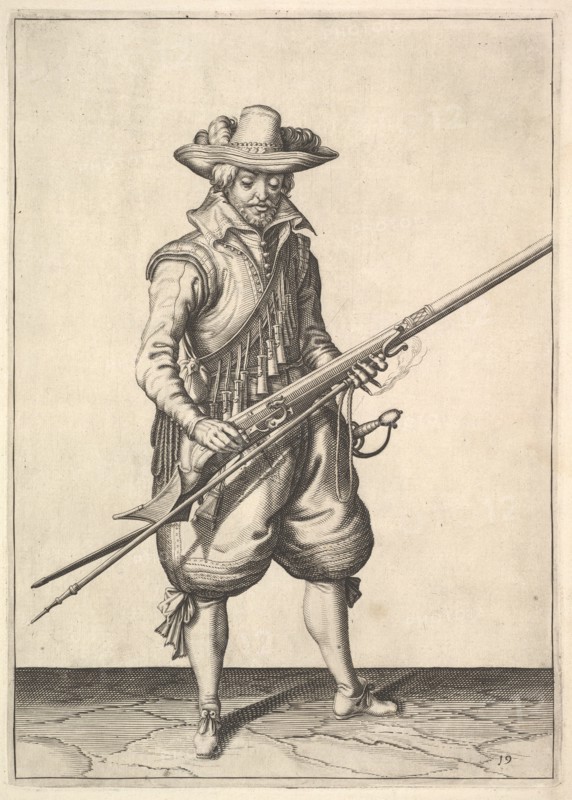A soldier shaking the powder from the top of the pan, from the Musketeers series, plate 19, in.... Creator: Unknown.
