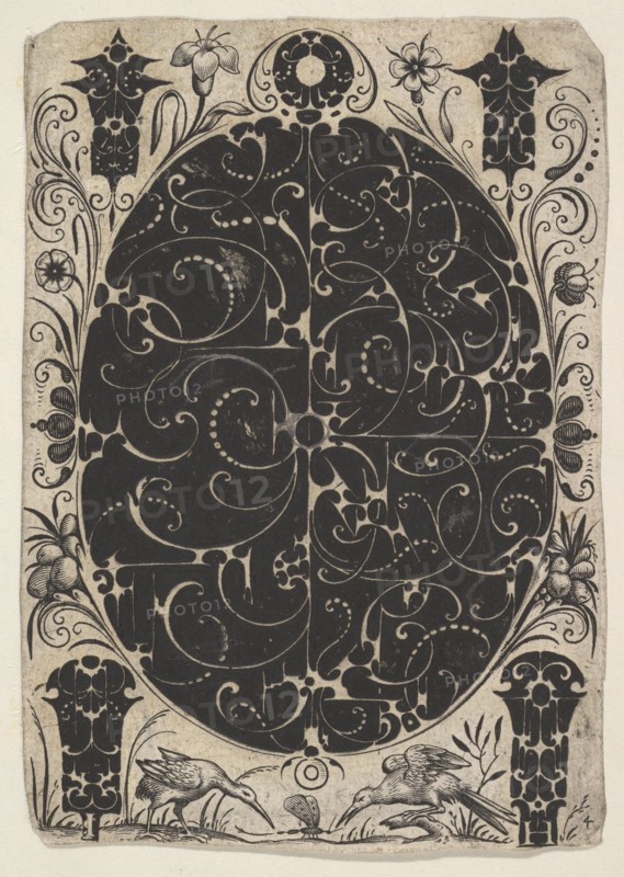 Oval Case Decorated with Schweifwerk in Two Variants, Surrounded by Smaller Motifs..., ca. 1614-19. Creator: Jacques Hurtu.