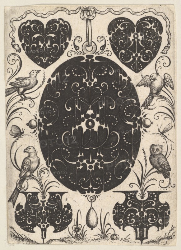 Oval Pendant Decorated with Schweifwerk, Surrounded by Smaller Motifs and Four Birds, ca. 1614-19. Creator: Jacques Hurtu.