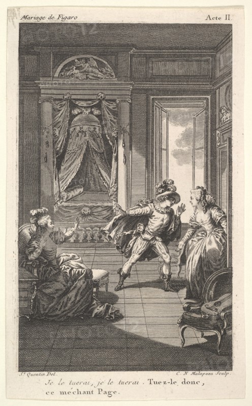 A man leans toward a woman standing in a doorway at right, at left a seated woman rais..., ca. 1784. Creator: Claude Nicolas Malapeau.
