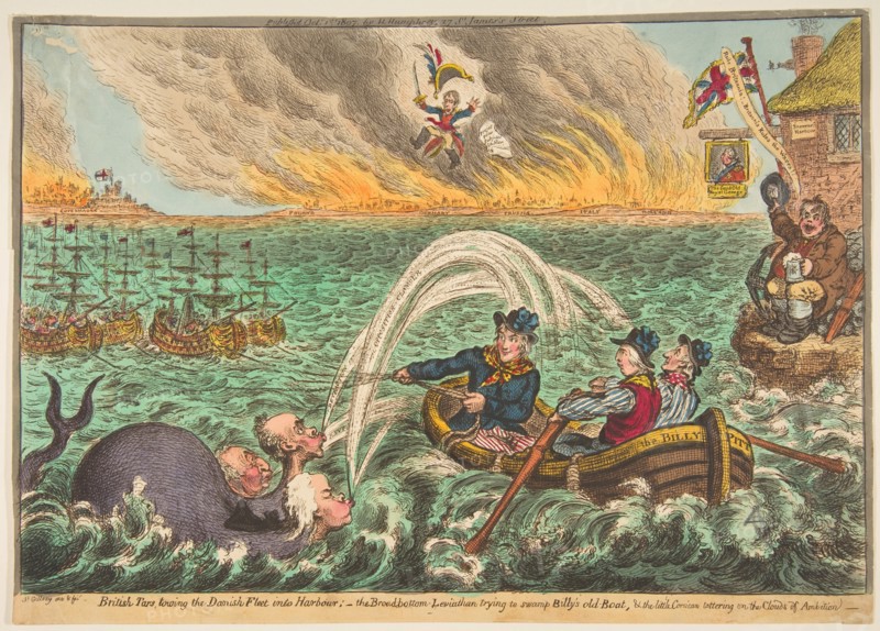 British Tars Towing the Danish Fleet into Harbour; the Broad-Bottom Leviathan t..., October 1, 1807. Creator: James Gillray.