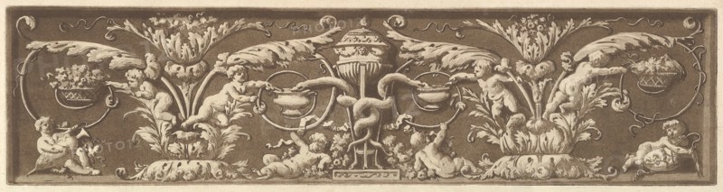 Ornamental frieze with putti and intertwined snakes, from Recueil de Différentes Compositi..., 1784. Creator: Jean Jacques Lagrenee.