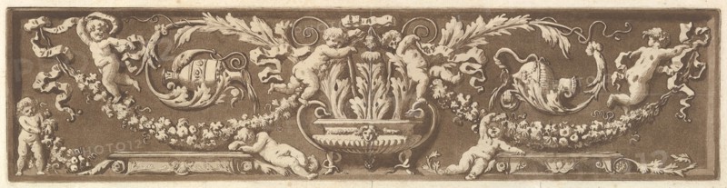 Ornamental frieze with putti, acanthus leaves, and garlands of fruit, from Recueil de Diff..., 1784. Creator: Jean Jacques Lagrenee.