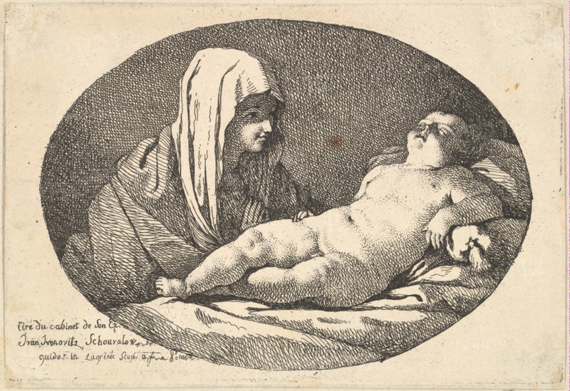The Virgin at left watching the infant Christ as he sleeps, an oval composition, after ..., 1760-63. Creator: Jean Jacques Lagrenee.