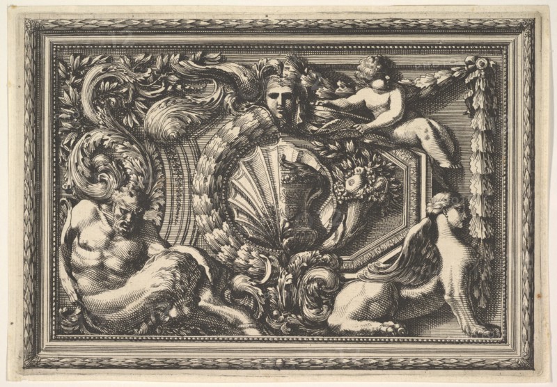 Design for a Panel with Two Variants containing a Satyr and a Sphynx, from: Pannea..., 17th century. Creator: Jean le Pautre.