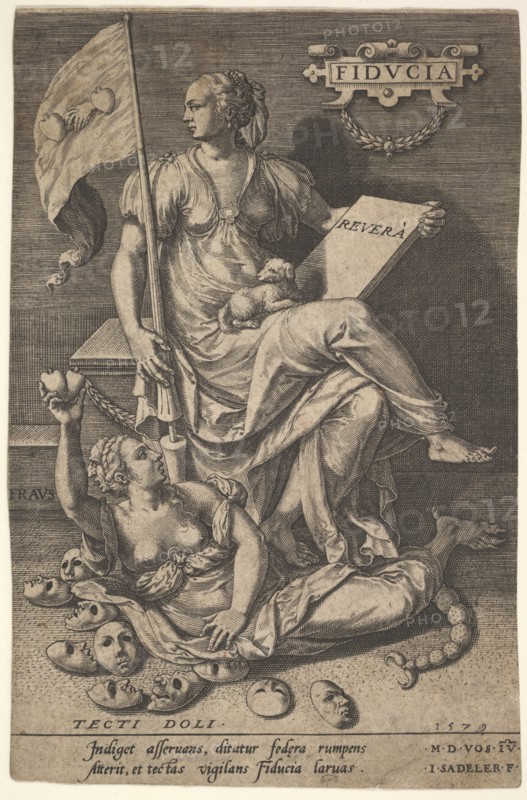 Fiducia, a seated woman holds a book and banner while turning her head away from a bare-br..., 1579. Creator: Johann Sadeler I.